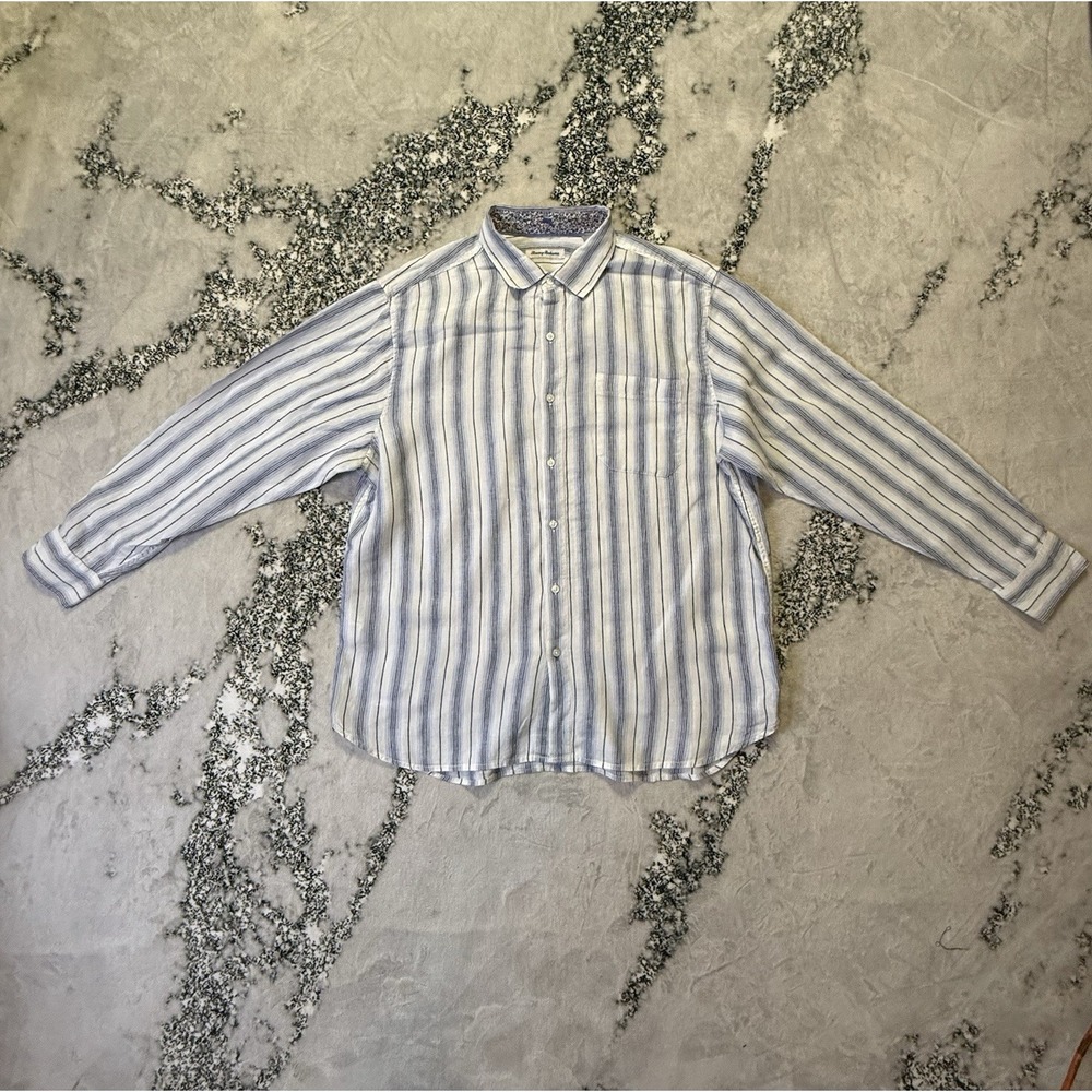 Tommy Bahama Shirt Mens‎ Size XL White Blue Striped Long Sleeve Button Up Linen
